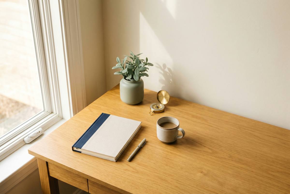 Heller Holzschreibtisch am Fenster mit Notizbuch, Kaffeetasse und Kompass